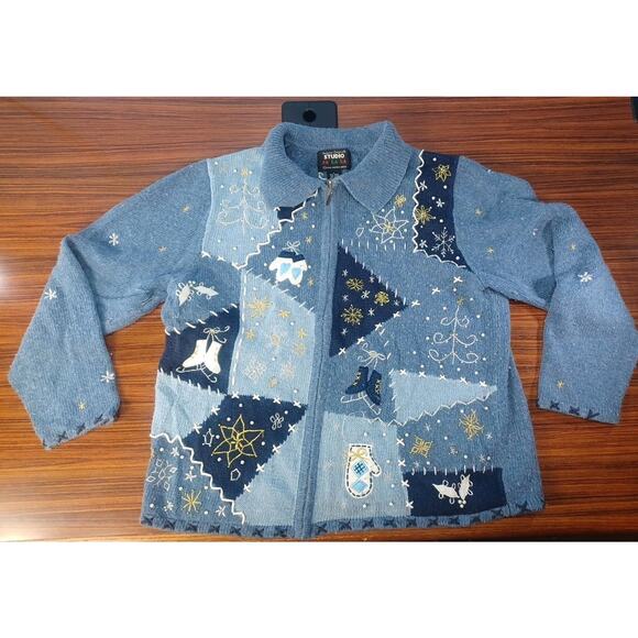 Vintage Studio Fa La La Sweater/Jacket Zip-Up Embroidered Christmas Holiday Fun - Picture 2 of 16